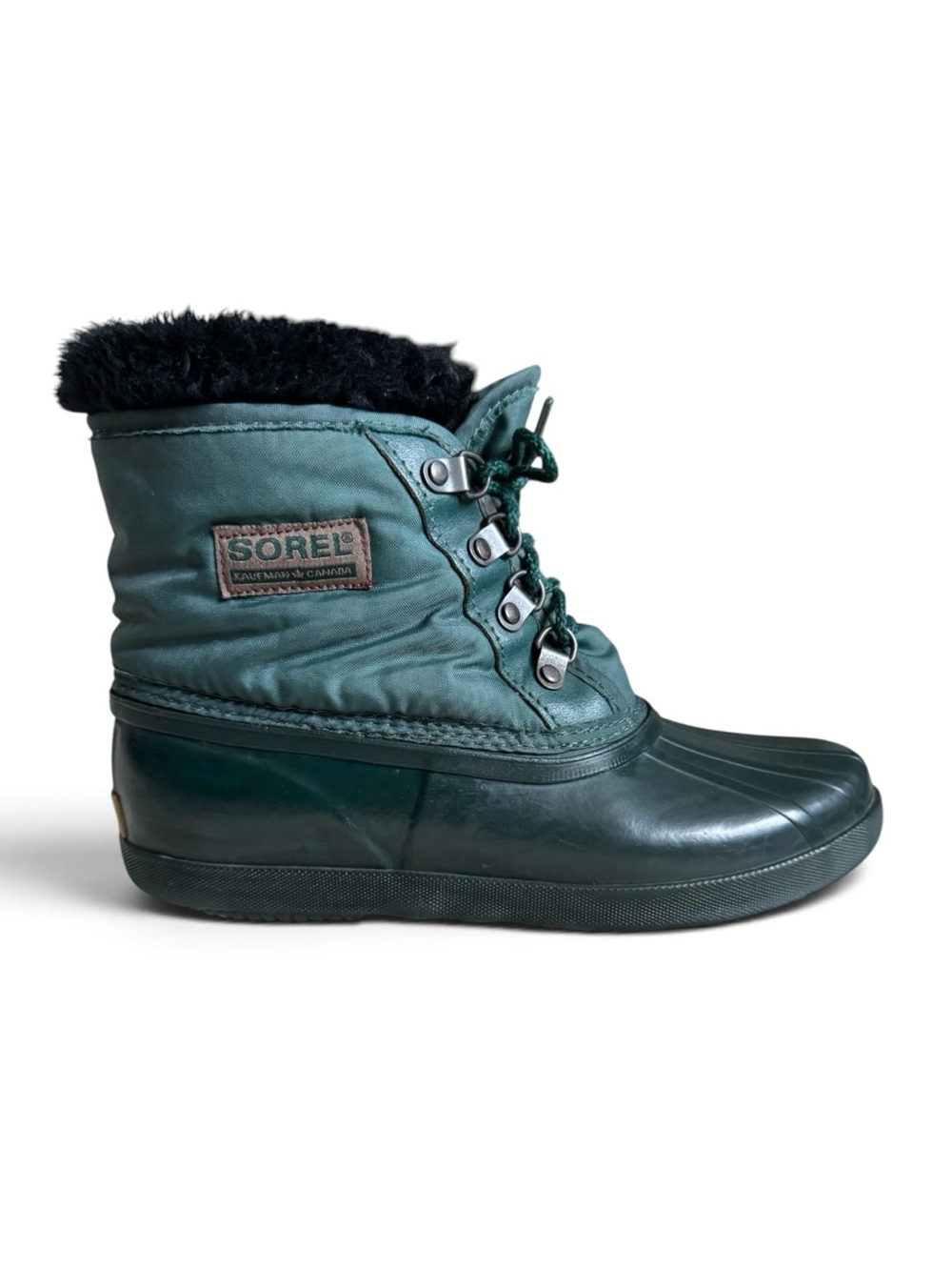 Sorel Vintage Waterproof Duck Snow Boots Green Faux Fur Lined Size 7
